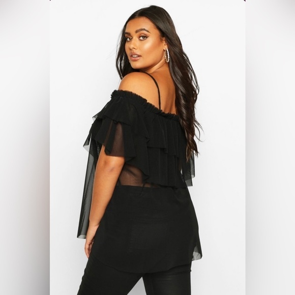 BOOHOO Cold Shoulder Ruffle Mesh Top - Picture 2 of 3
